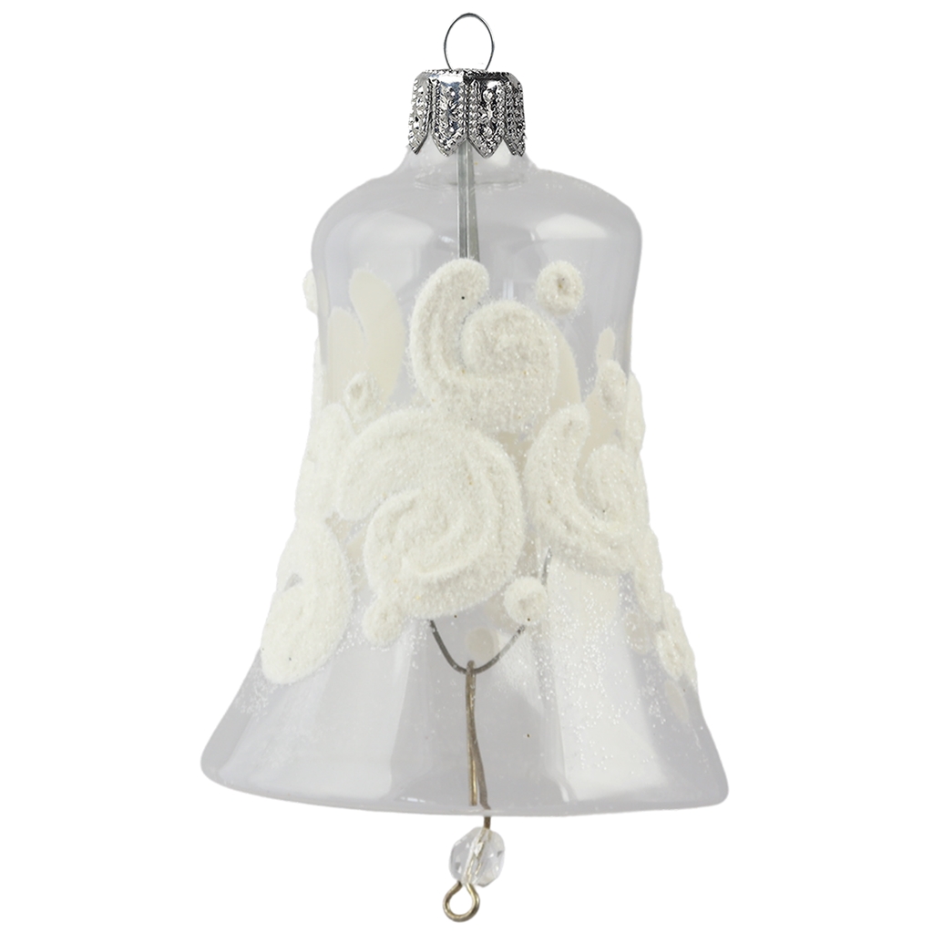 Clear bell ornament with white spiral decoration
