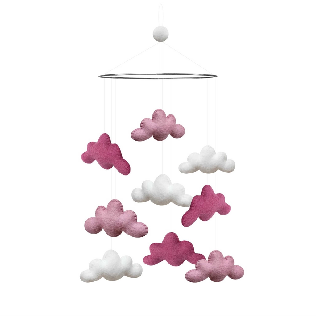Baby mobile with pink and white clouds