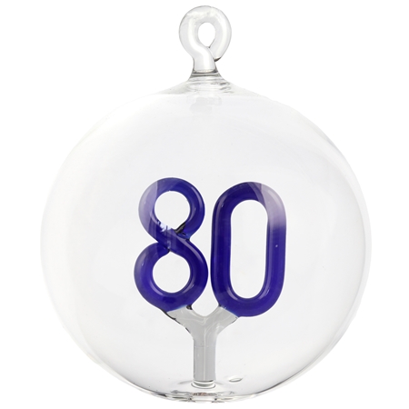 Dark blue glass ornament with number 80 inside