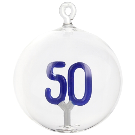 Dark blue glass ornament with number 50 inside