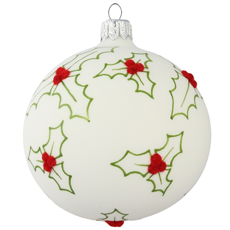 White ball ornament with holly decoration