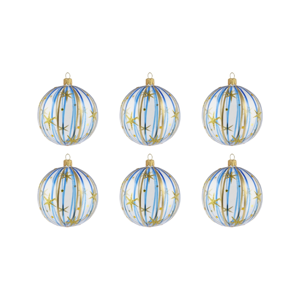 Set of small transparent christmas balls with blue decor