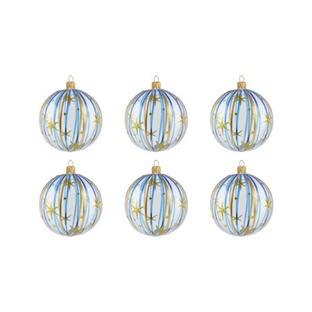 Set of small transparent christmas balls with blue decor