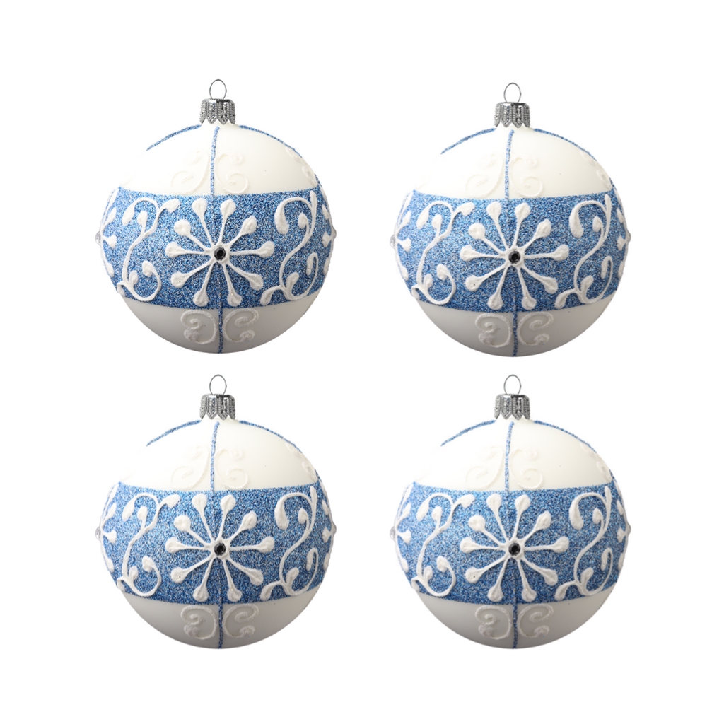 Set of white ornaments with blue stripe