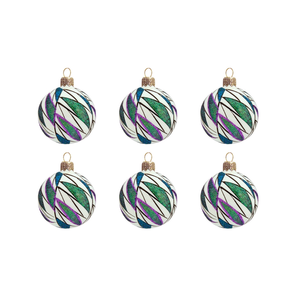 Set of white christmas balls with coloured petals
