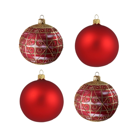 Set of red christmas balls with gold décor