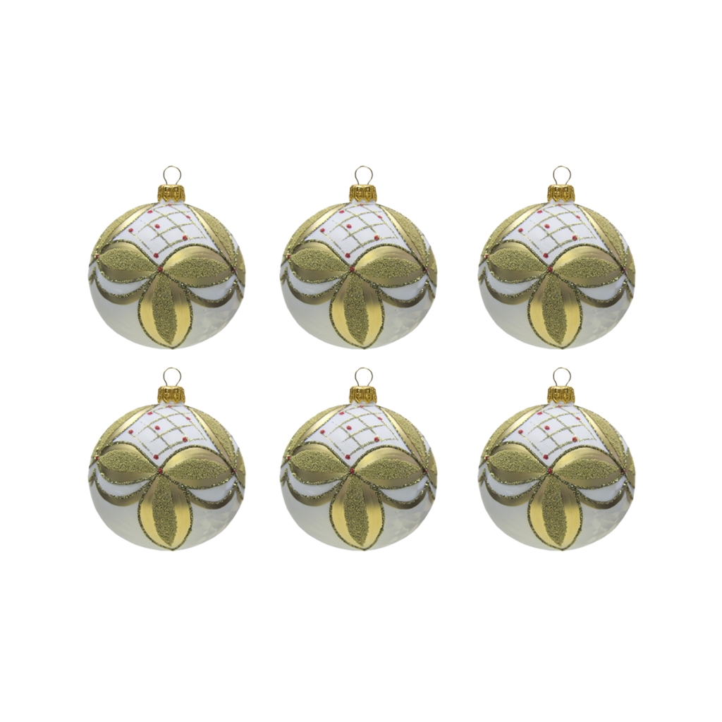Set of ornaments with gold and white varnish frosting
