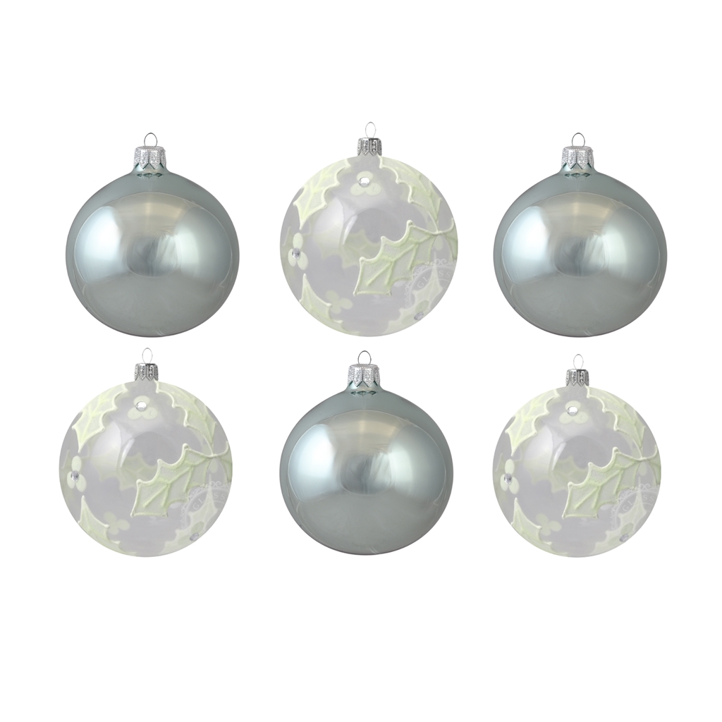 Set of bright ornaments with holly