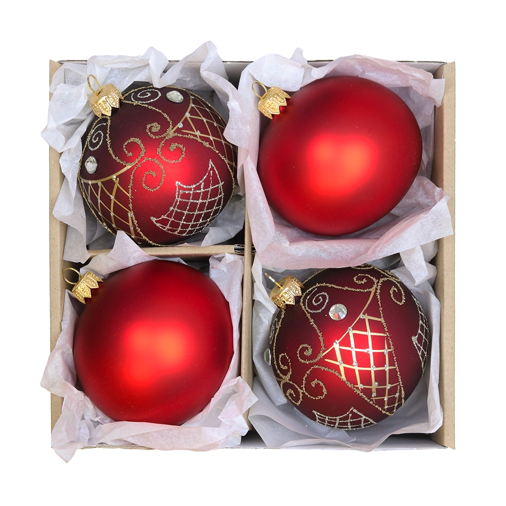 Set of red ornaments with a silver-gold grid
