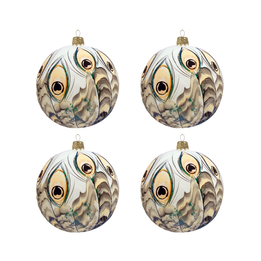 Set of white christmas balls with peacock décor