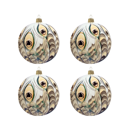 Set of white christmas balls with peacock décor