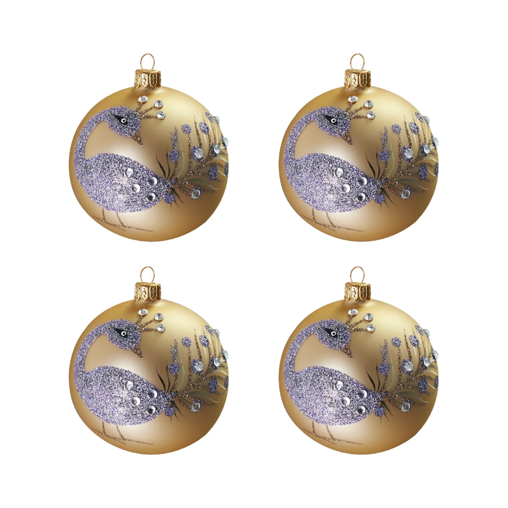 Set of creamy christmas balls with peacocks
