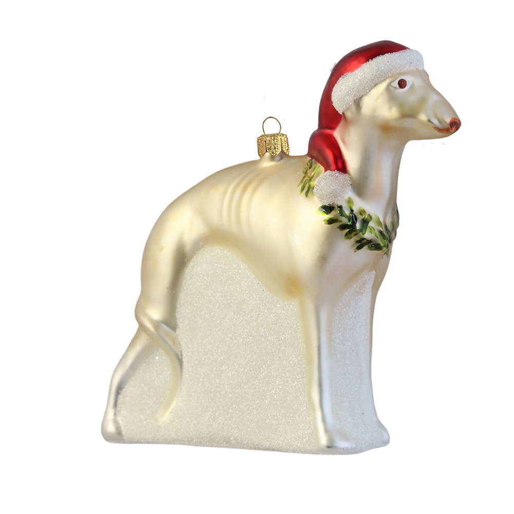 Glass ornament dog Greyhound with a cap