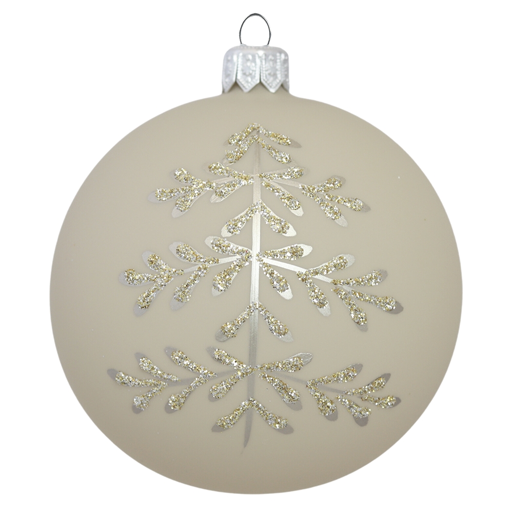 Glass christmas ball in beige matte with a tree