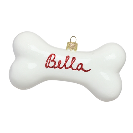 Glass ornament dog bone with name on it