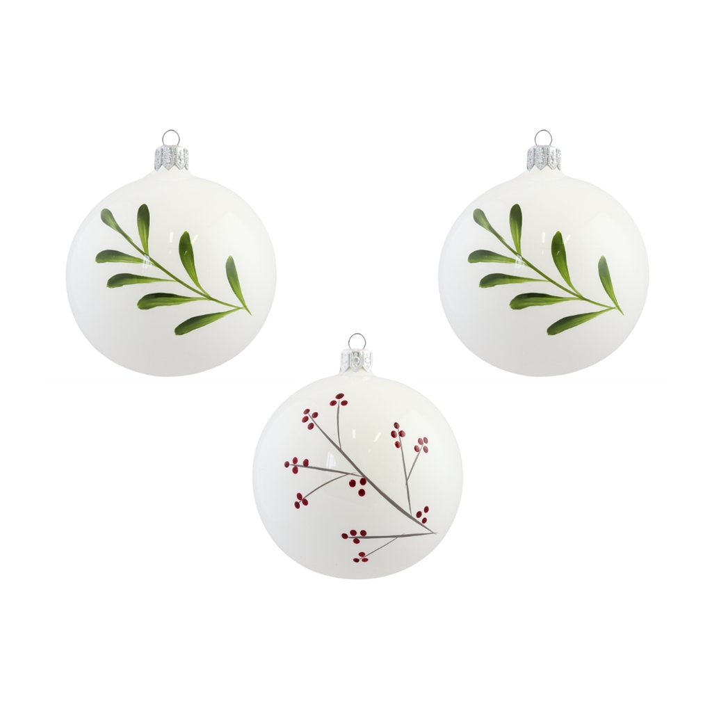 Set of three white ornaments with mistletoe and holly decoration