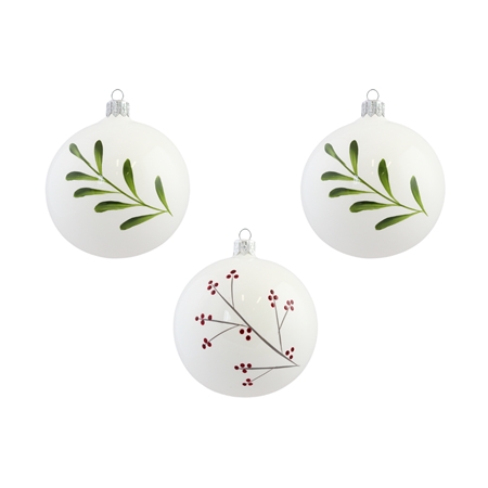 Set of three white ornaments with mistletoe and holly decoration