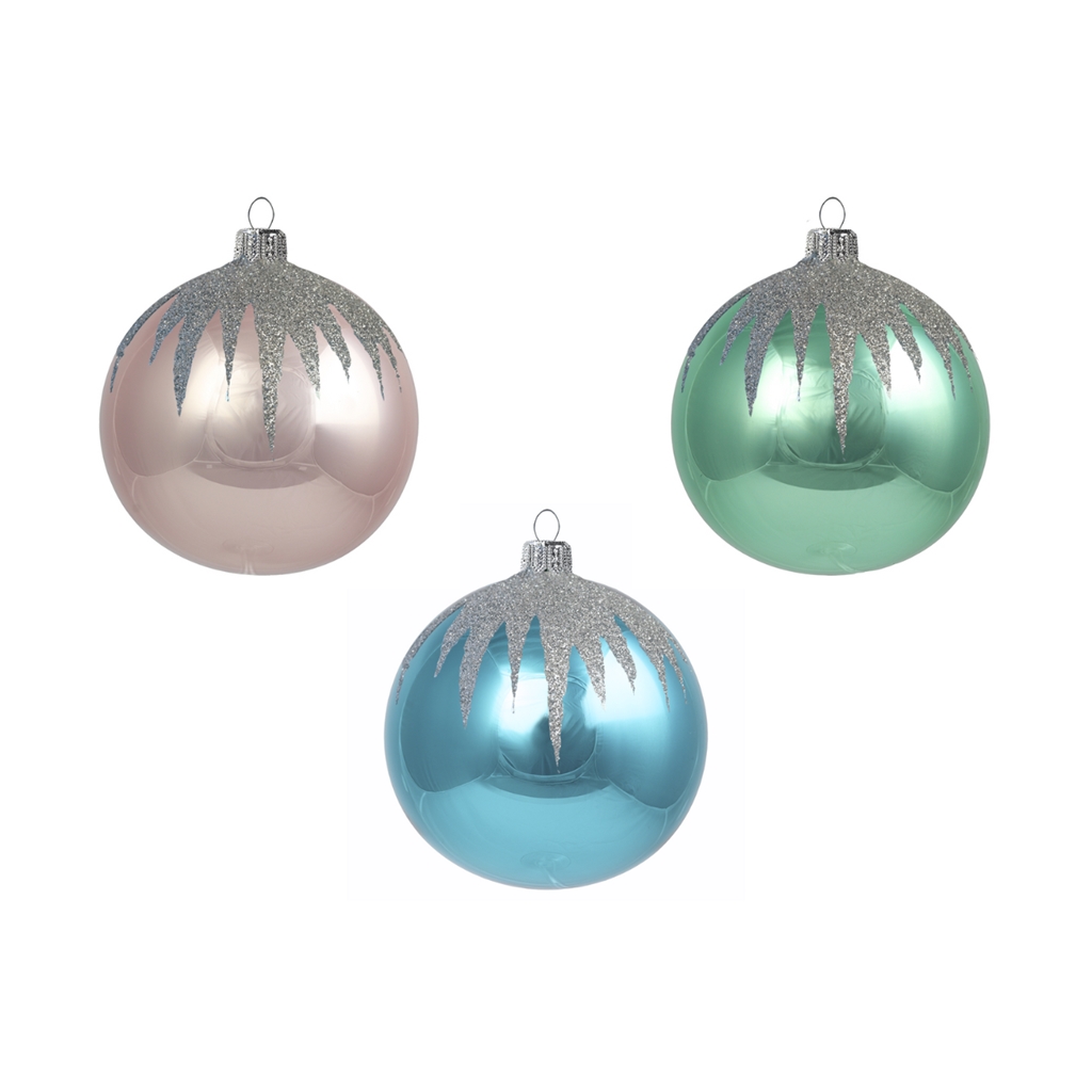 Set of three ornaments in retro colours with silver decor
