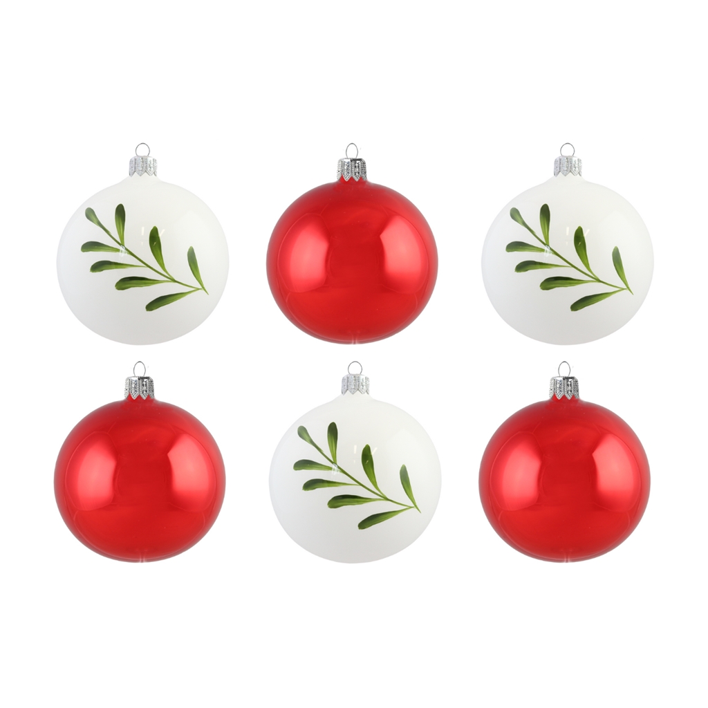 Set of ornaments in red and white with mistletoe decoration