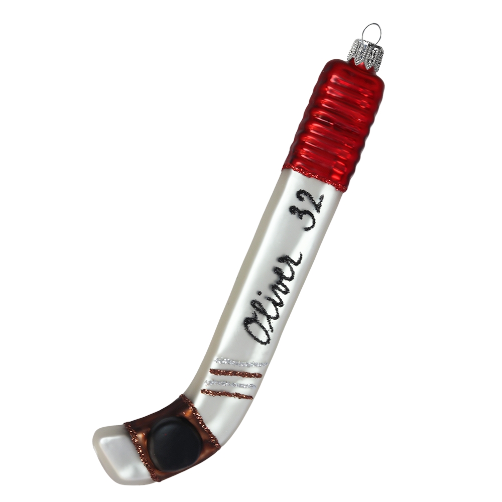 Glass hockey stick ornament with a name