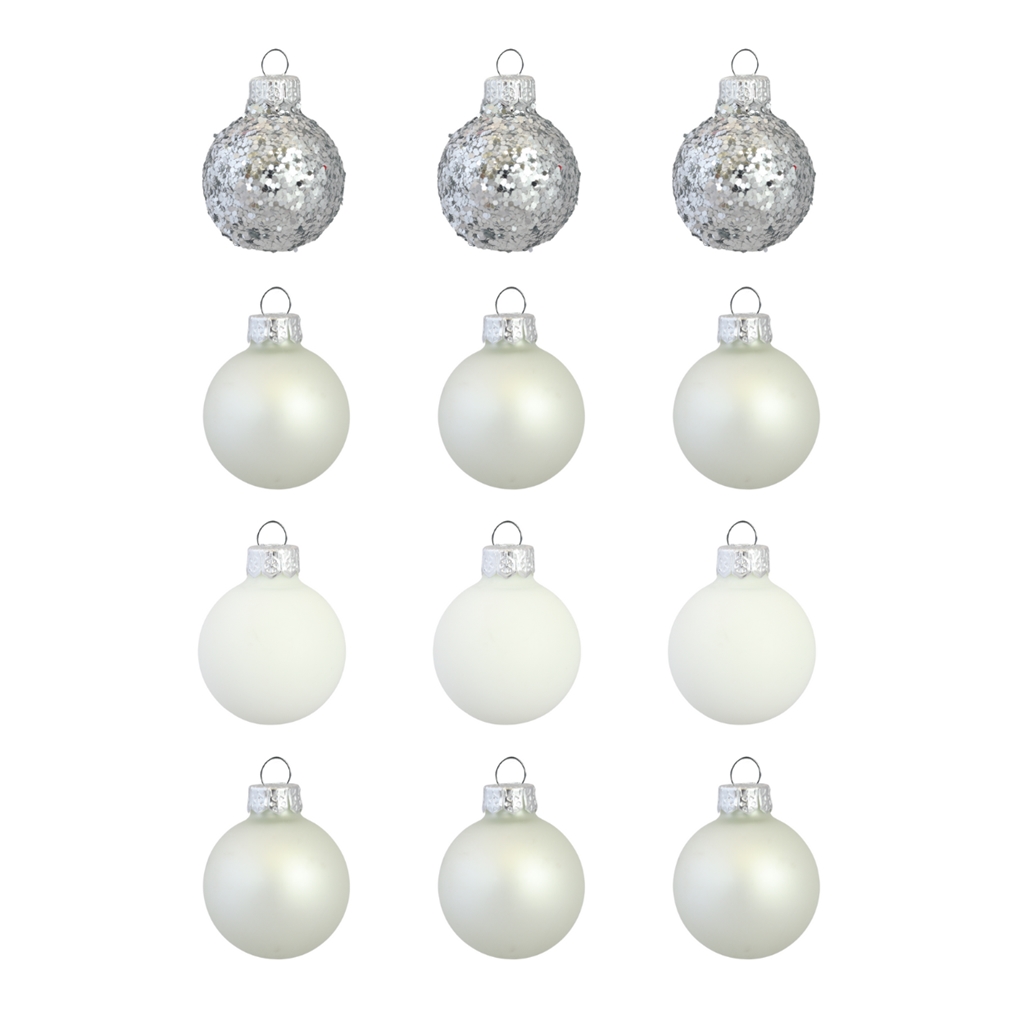 Set of christmas decorations in silver and white colours