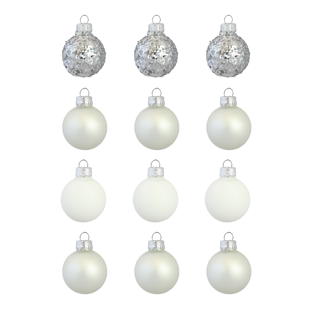 Set of christmas decorations in silver and white colours