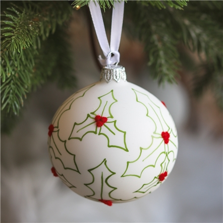 White bauble with Christmas holly décor