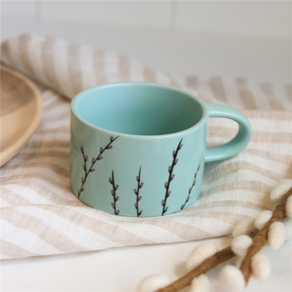 Pastel green mug with catkins willow décor