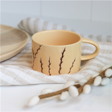 Pastel yellow mug with catkins willow décor