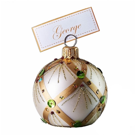 Champagne table seating plan holder with gold/bead décor
