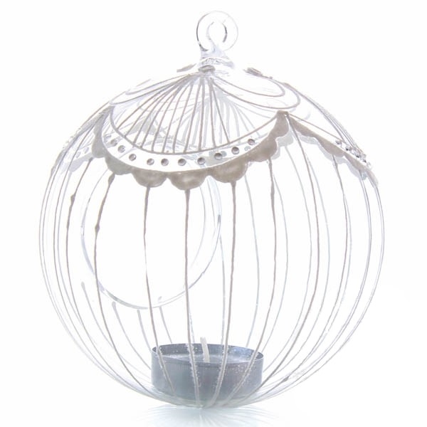 Transparent hanging tea light candle holder with decor