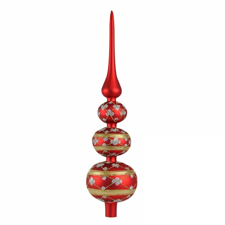 Red tree topper with silver and gold décor