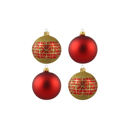 Set of red christmas balls with gold décor