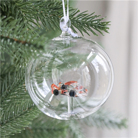 Transparent glass bauble with coloured car