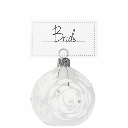 Transparent table seating plan holder bauble with white rose flower decor