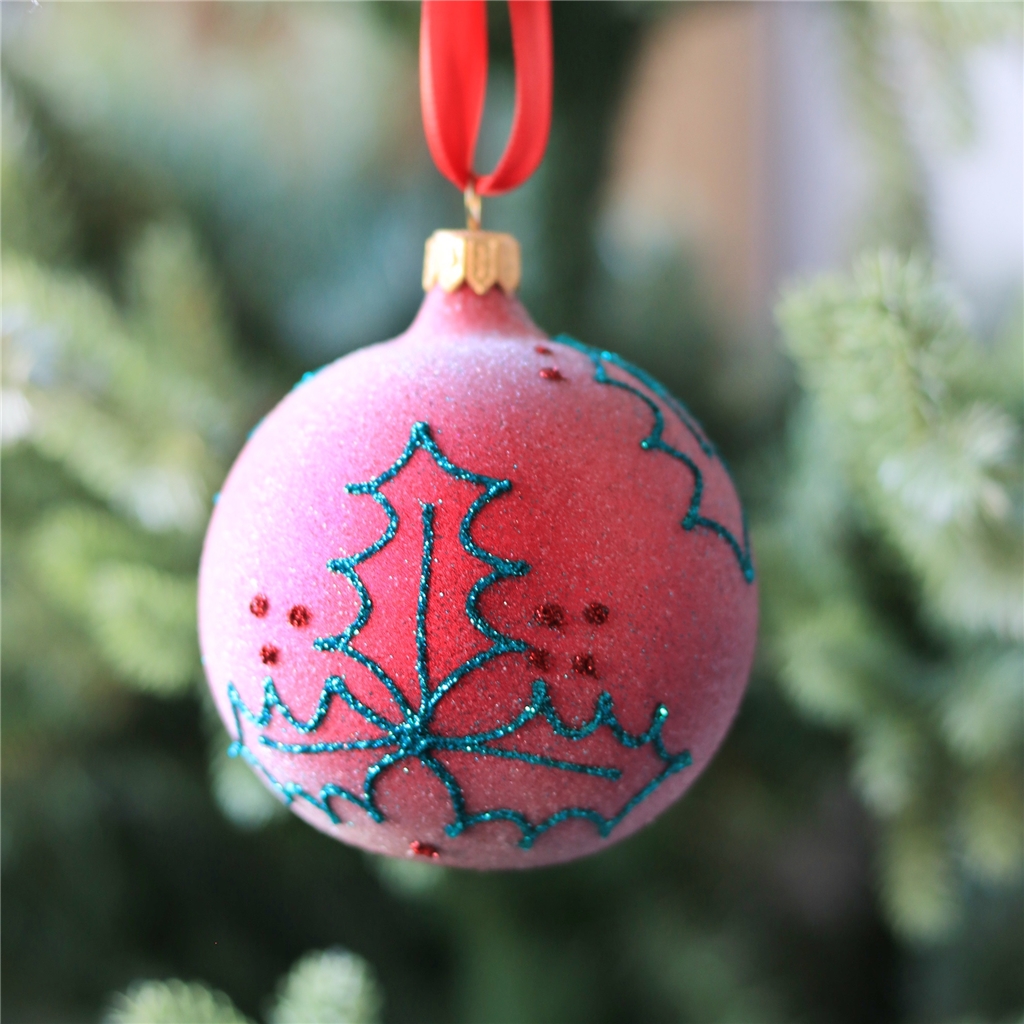 Large frosted burgundy ball with glitter holly