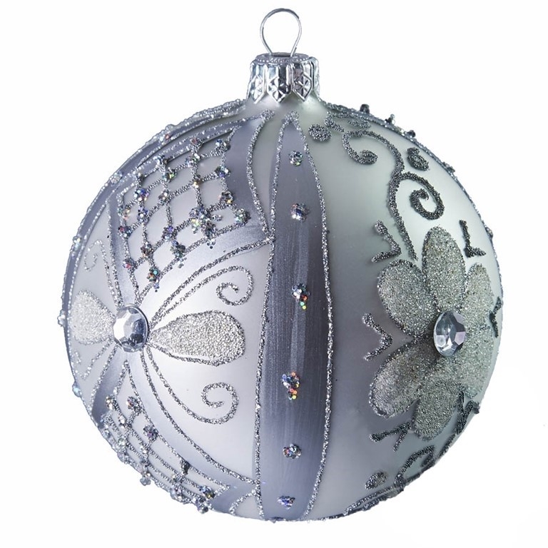 Silver glass Christmas bauble with flower décor
