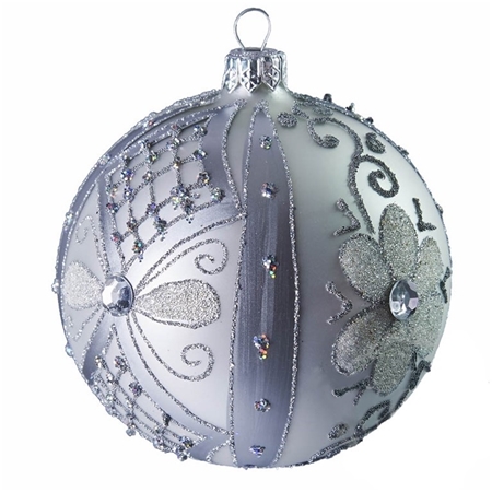 Silver glass Christmas bauble with flower décor

