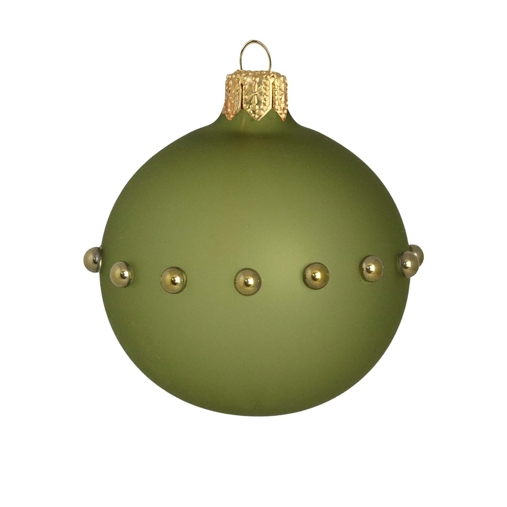 Glass ornament in matte green color with gold pearl decor