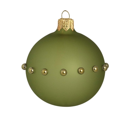 Glass ornament in matte green color with gold pearl decor