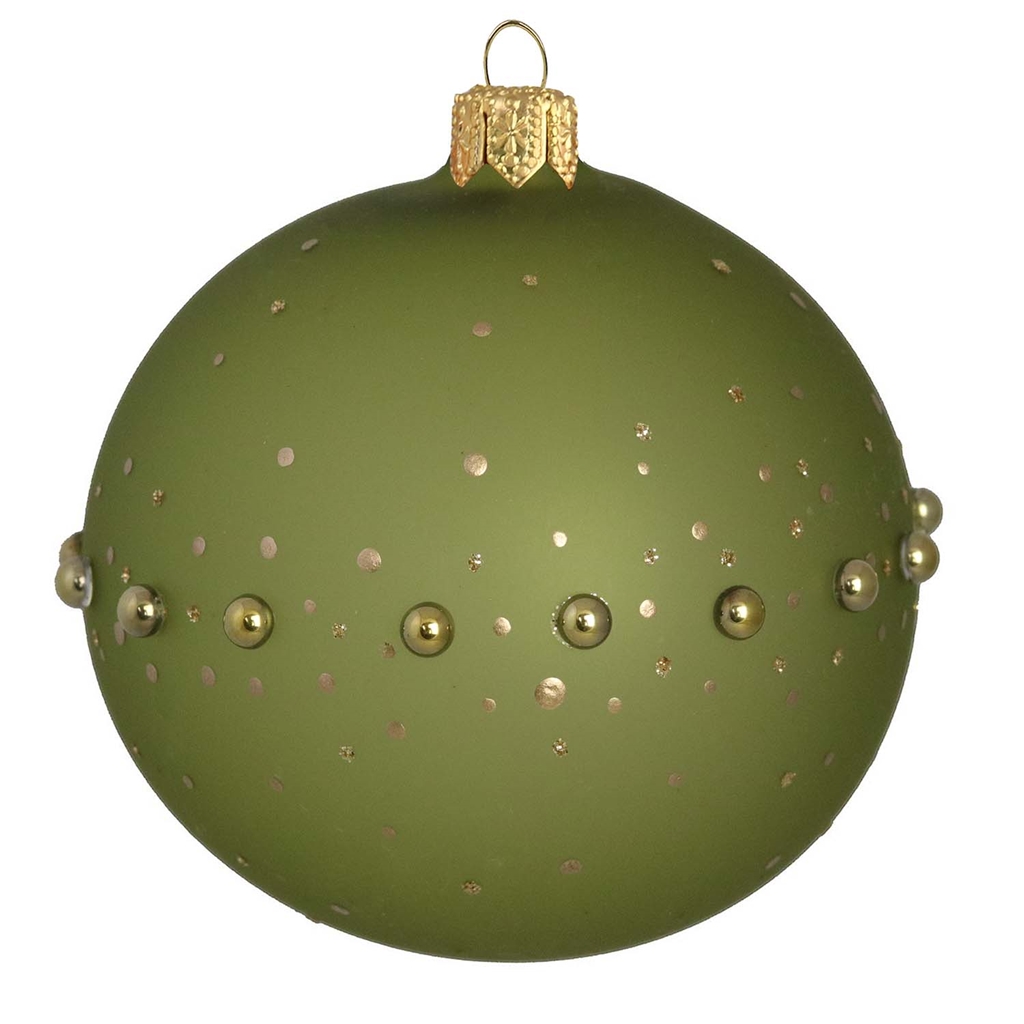 Glass ornament in matte green color with gold pearls and polka dots decor