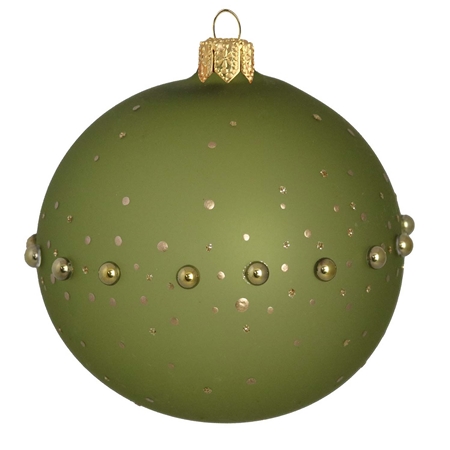 Glass ornament in matte green color with gold pearls and polka dots decor