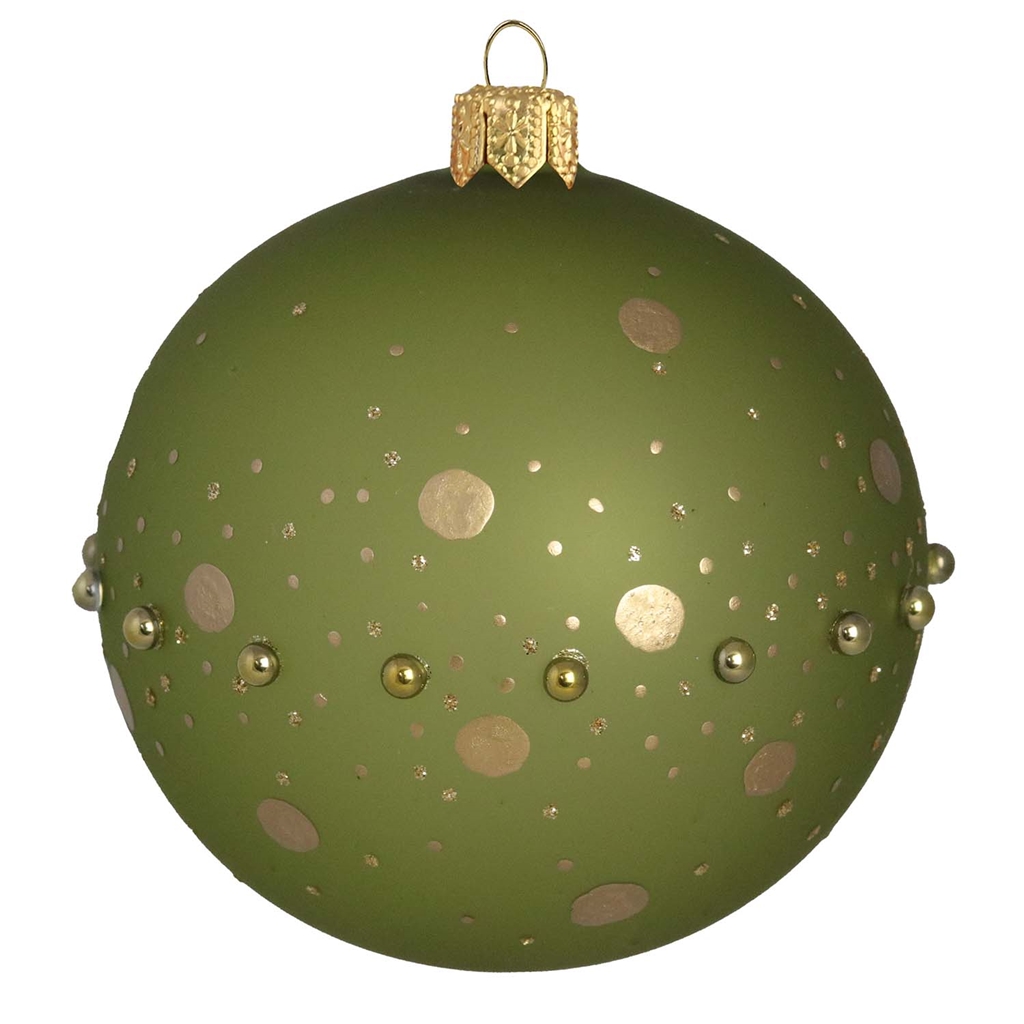 Glass ornament in matte green color with gold pearls and polka dots decor