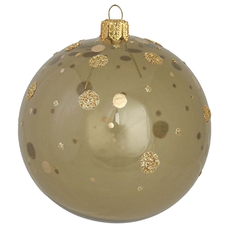 Glass clear ornament in olive green color with gold polka dots decor