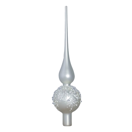 Glass Christmas topper with frosty decor in matte silver color.