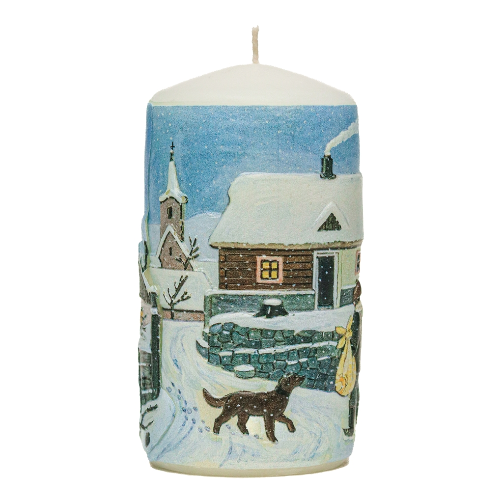 Candle with a "Winter" illustration
