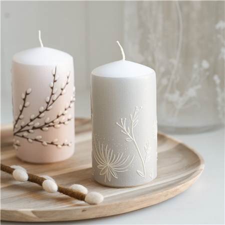 Pastel grey candle with floral decoration