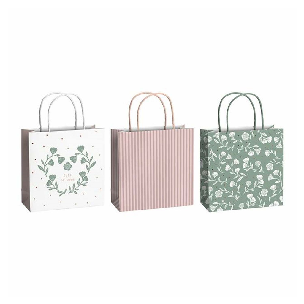 Set of gift bags with flowers and stripes