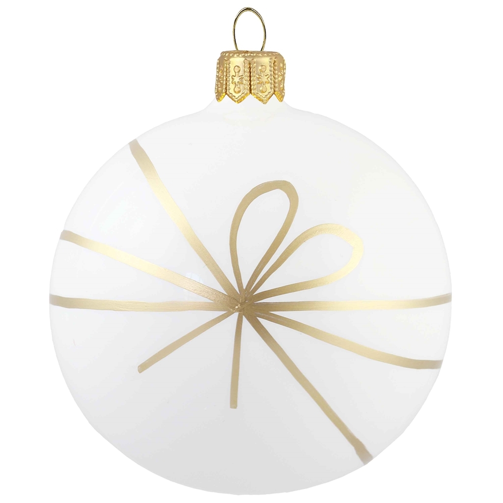 White glass ball with gold ribbon motif