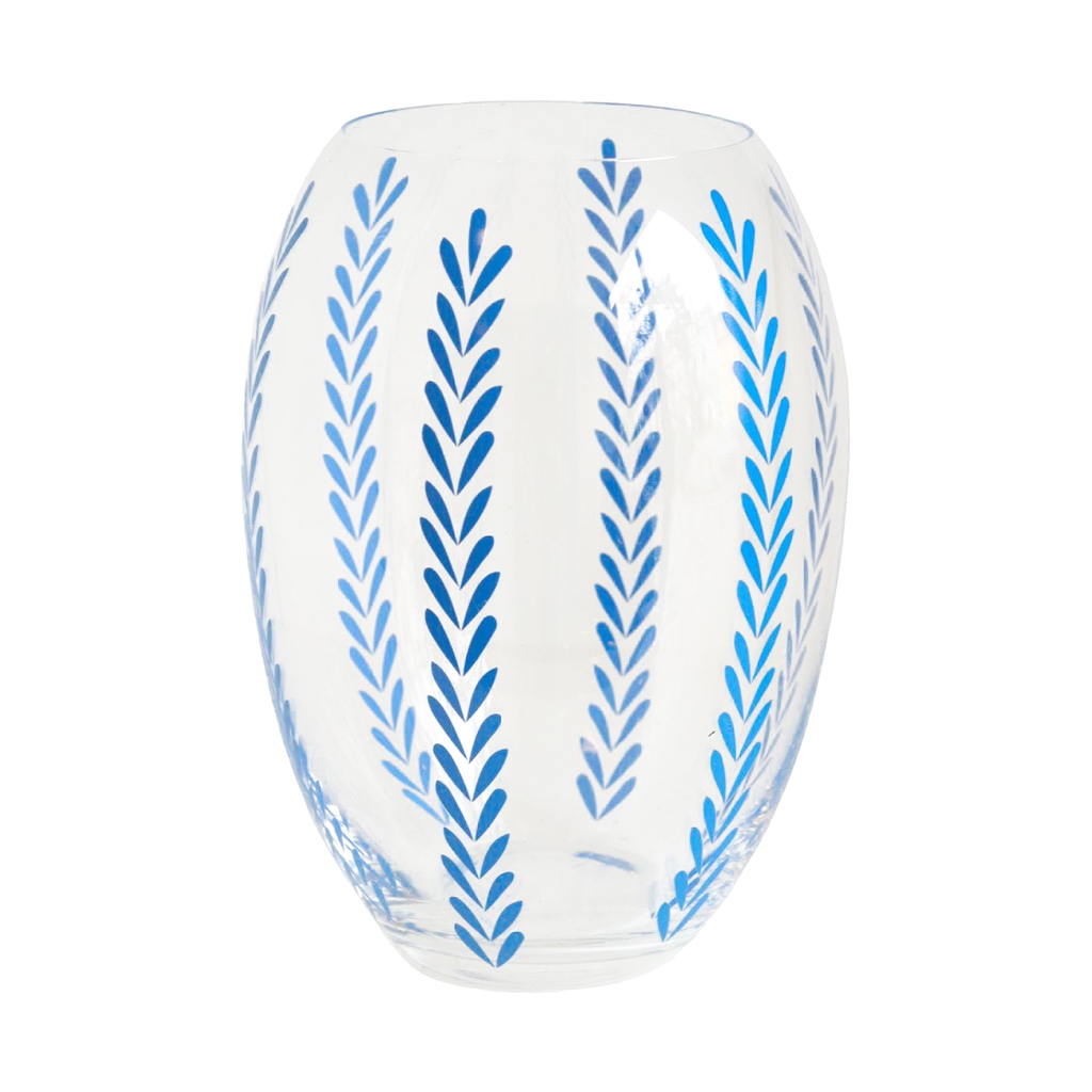 Clear vase with decoration of blue leaves